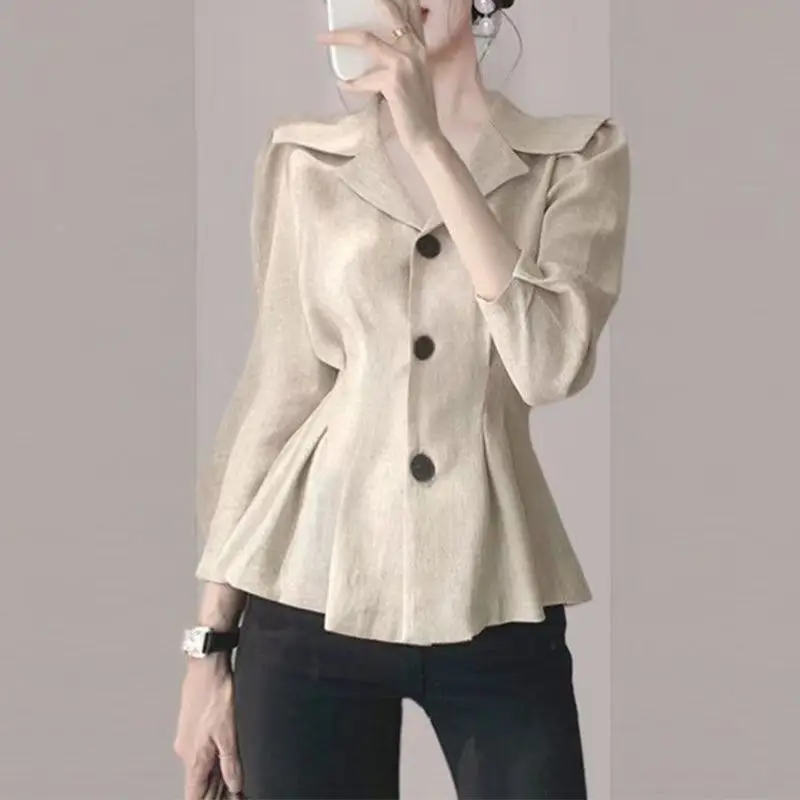 

South korea Chic Autumn French style Retro Elegant Elegant Single-Breasted Suit Collar Waist Hugging Linen Shirts Outerwear