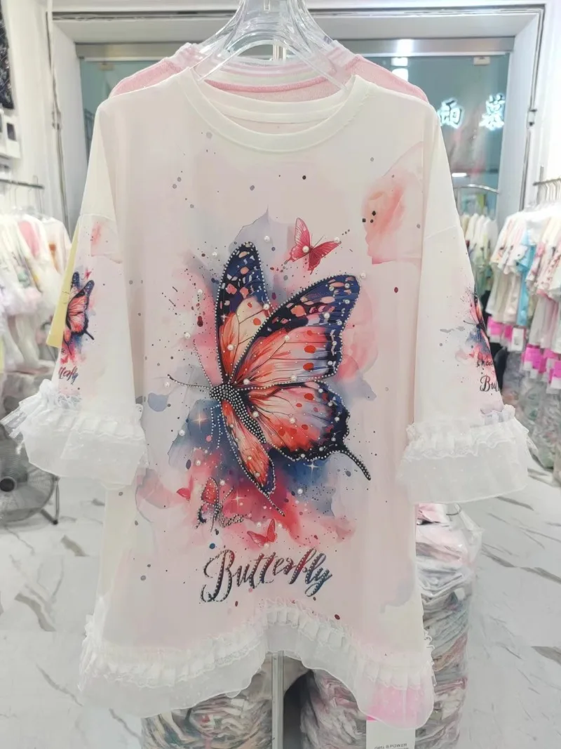Summer New Heavy Industry Beads Diamond Drills Tees Korean Style Cartoon Girl Cool O-Neck T-shirt Sweet Loose Lace Sleeve Top