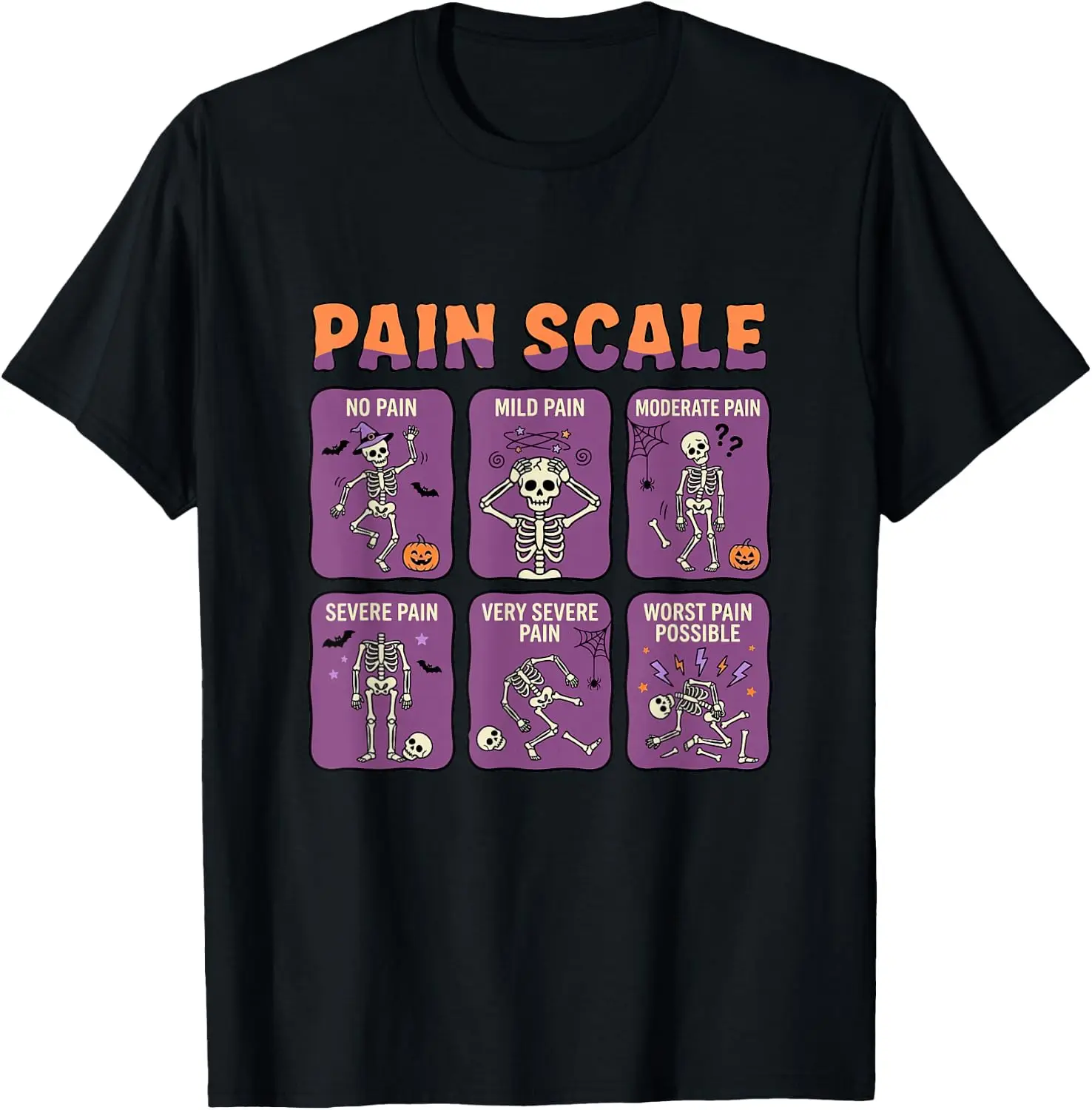 Pain Scale Skeleton Trauma Nurse Halloween Nursing Humor T-Shirt Unisex Holiday Theme Graphic Print T‑Shirt Halloween Christmas Thanksgiving Festive Party Short Sleeve Cotton Tee Tops Men Women.