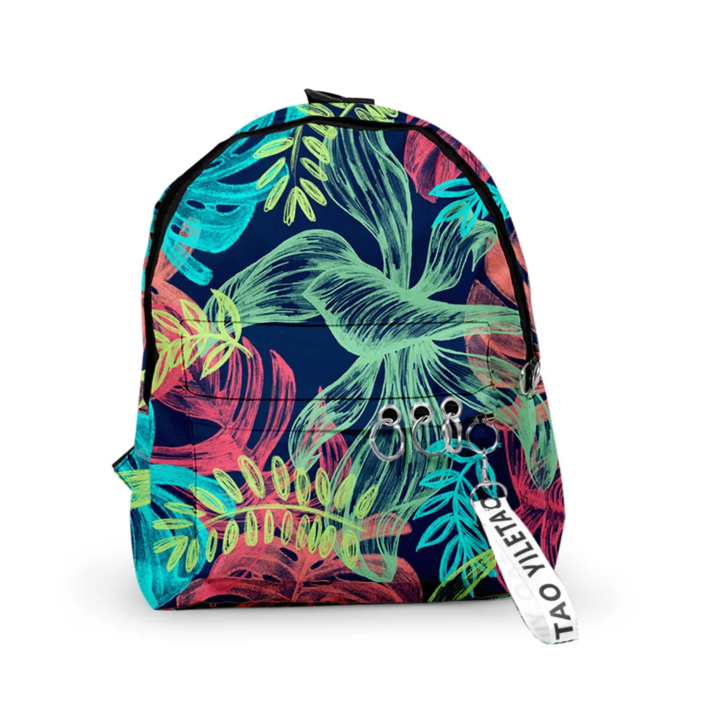 Hip Hop Youthful Leaf pattern School Bags Notebook Backpacks Boys/Girls 3D Print Oxford Waterproof Key Chain Small Travel Bags