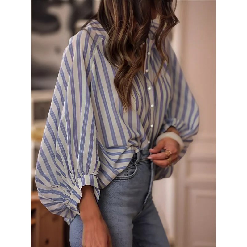 

【SEE】Women's Blouses Striped Long Sleeve Shirts Button Down Loose Fit Casual Tops