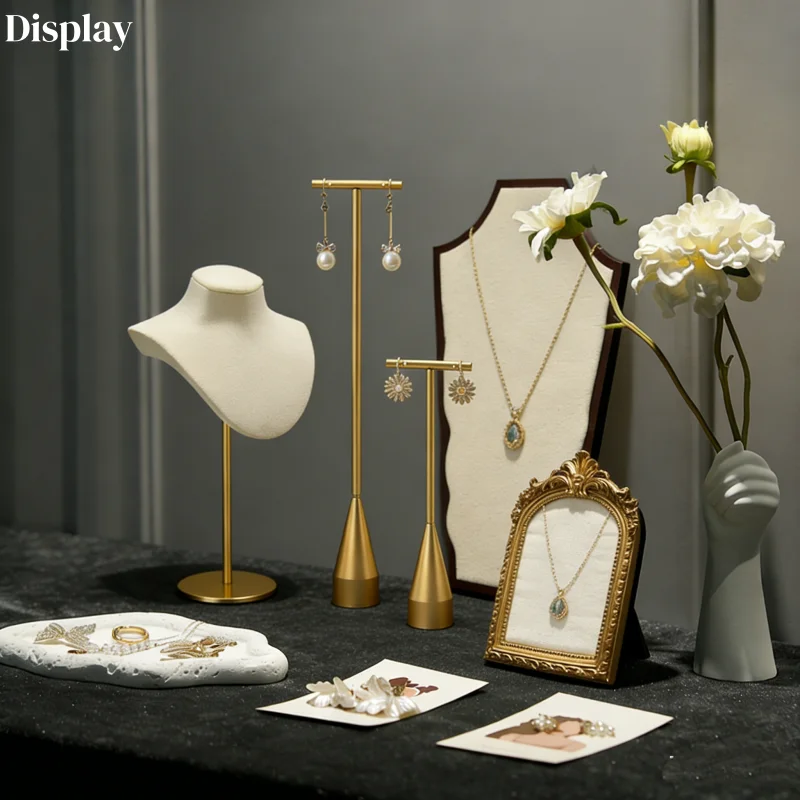 

Beige Portrait Bust Necklace Display Stand with Metal Frame Trays, Bracelet Holder and Earring Display Stand, Jewelry Organizer
