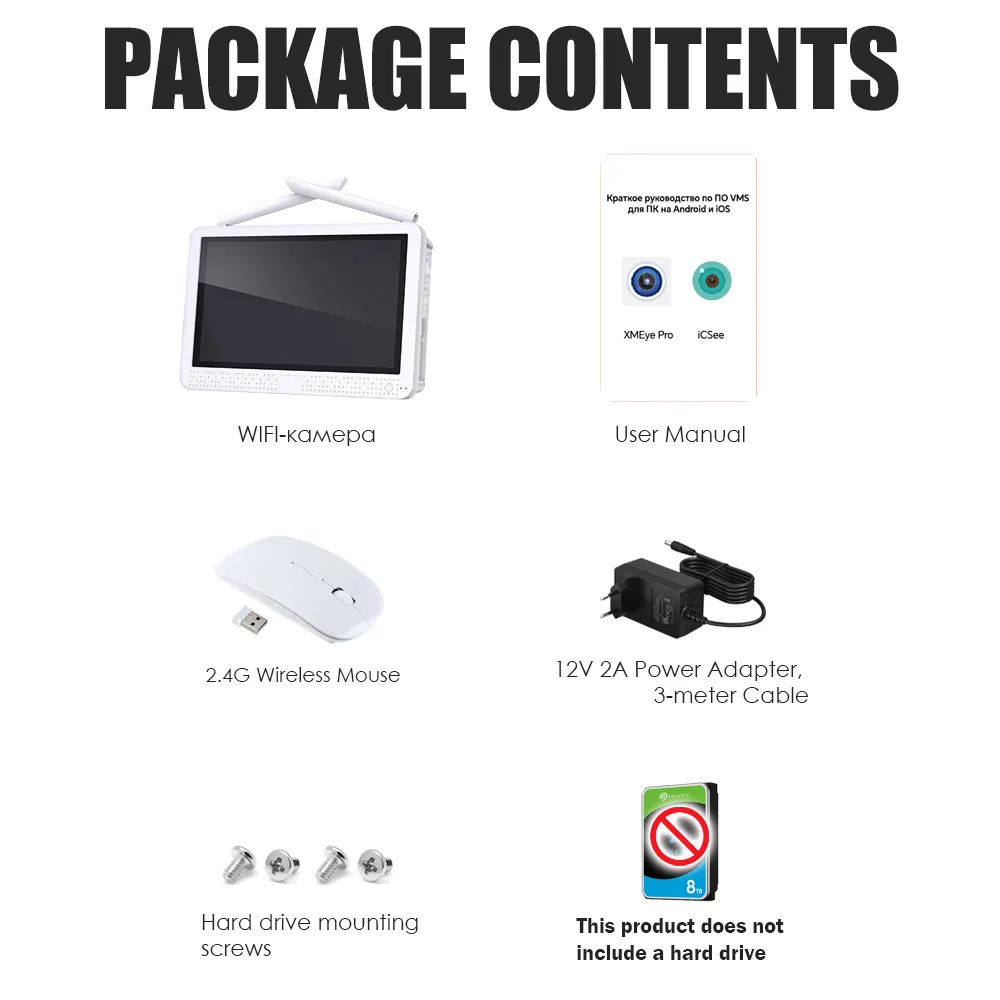 10CH WiFi NVR with HDD Supporting 5MP/4K ONVIF 12-inch screen XMeye/iCSEE Remote Viewing