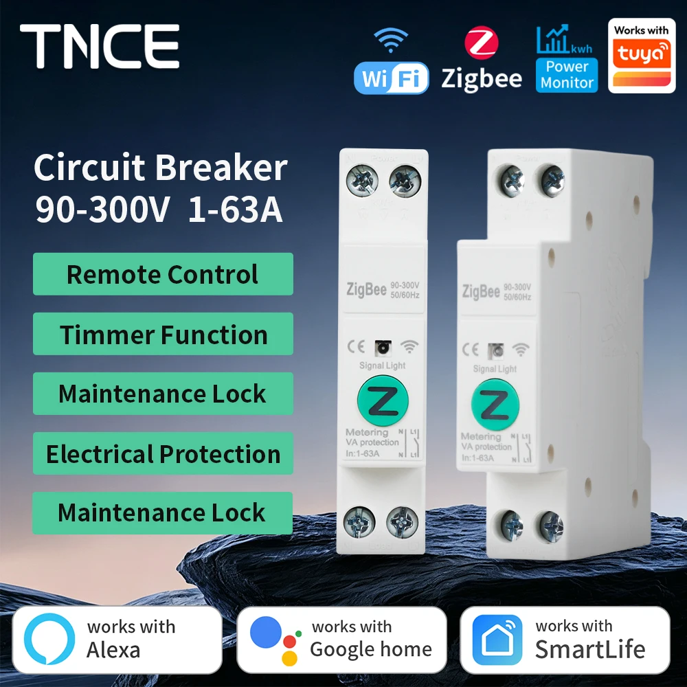 TNCE Tuya WiFi/Zigbee Smart Circuit Breaker MCB 1P+N 1-63A with Overcurrent Undervoltage Protection, Works with Alexa Google Hom