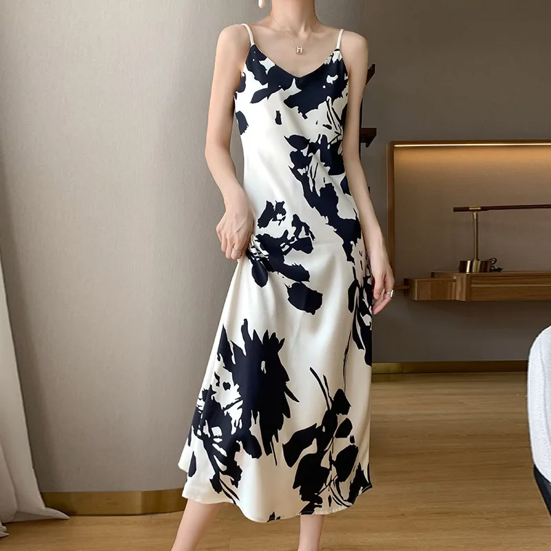 

Summer Floral Print V-Neck Sleeveless Wrap Dress Women's High Waist A-Line Silken Satin Long Dress Casual Commute Style
