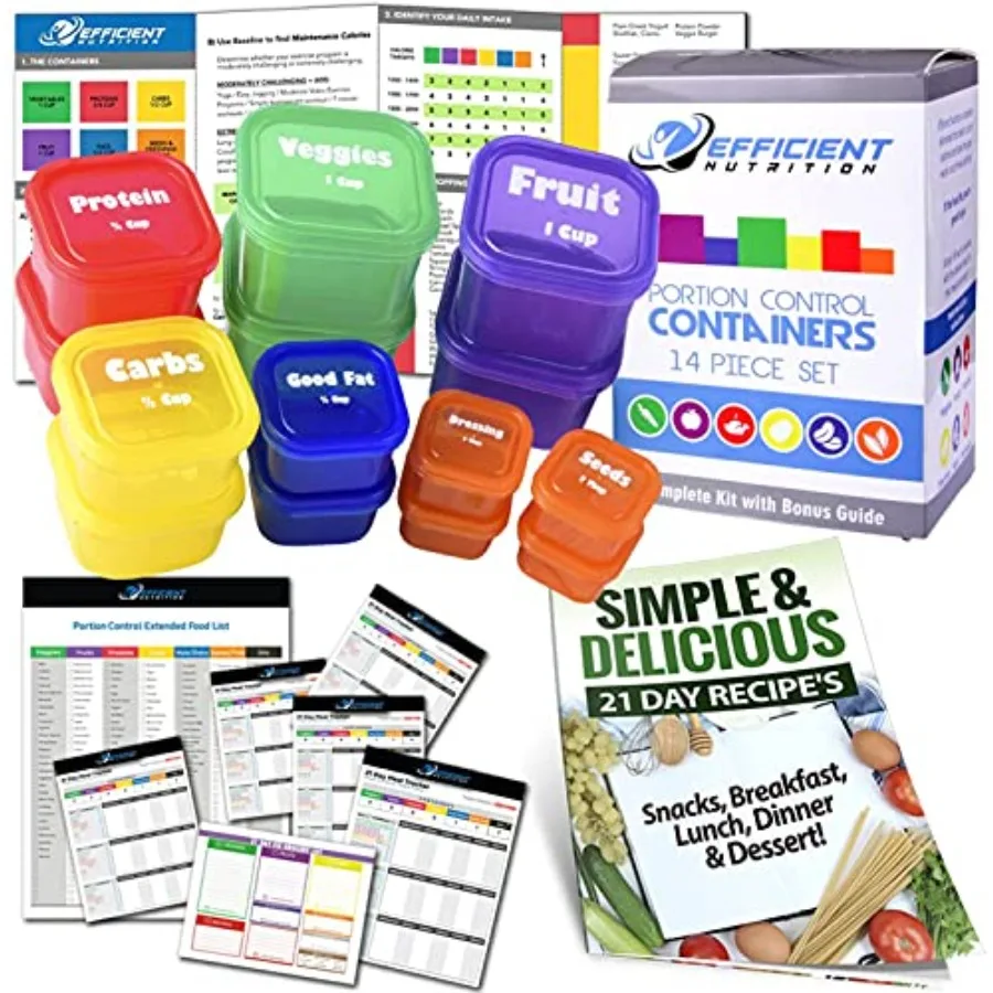 

Portion Control Containers DELUXE Kit 14-Piece with COMPLETE GUIDE + 21 DAY PLANNER + RECIPE eBOOK BPA FREE Color Coded Meal Pr