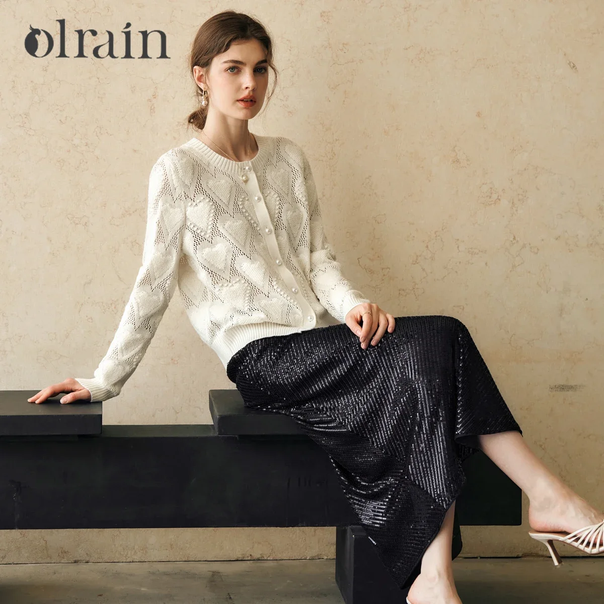 

OLrain Cotton Straight Cardigan Women Autumn 2026 Love Jacquard Hollow-out Solid Cozy Pearl Button Knit Lady Jumpers M57CM95852