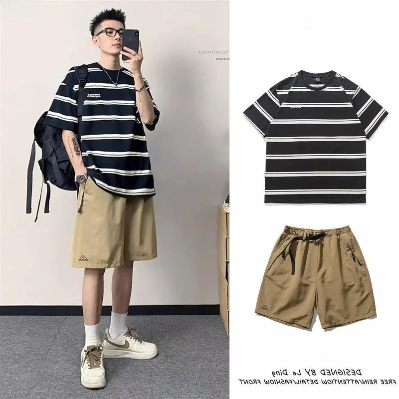 

Свободная мужская футболка в полоску, летняя повседневная спортивная одежда ort Sve Cotton 00% пять штанов, мужская верхняя одежда, удобная дышащая одежда