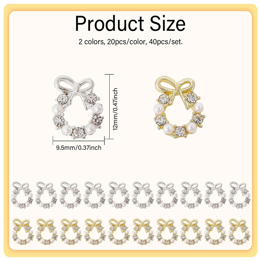40Pcs 2Colors Nail Charms 3D Christmas Garland Nail Charms Wreath Alloy Rhinestone Cabochons Charms for Nail Art Decoration