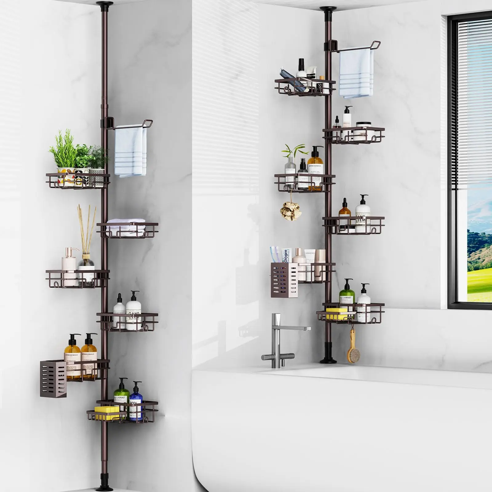 

Adjustable Bronze Corner Shower Organizer With 6 Tier Shelves, Towel Bar, Toothbrush Holder And Soap Tray For Bathtub Or Shower