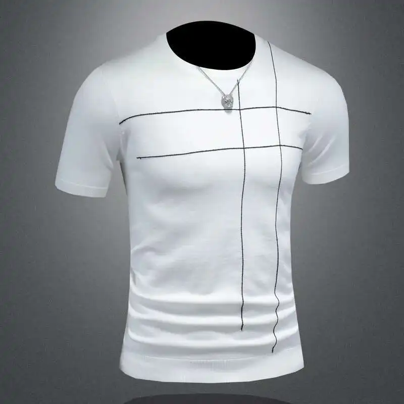 Patchwork Stripe Slim Knitted T Shirt Homme Streetwear Fashion Casual T-Shirt Contrasting O-Neck Stretched Men's Tee Shirt