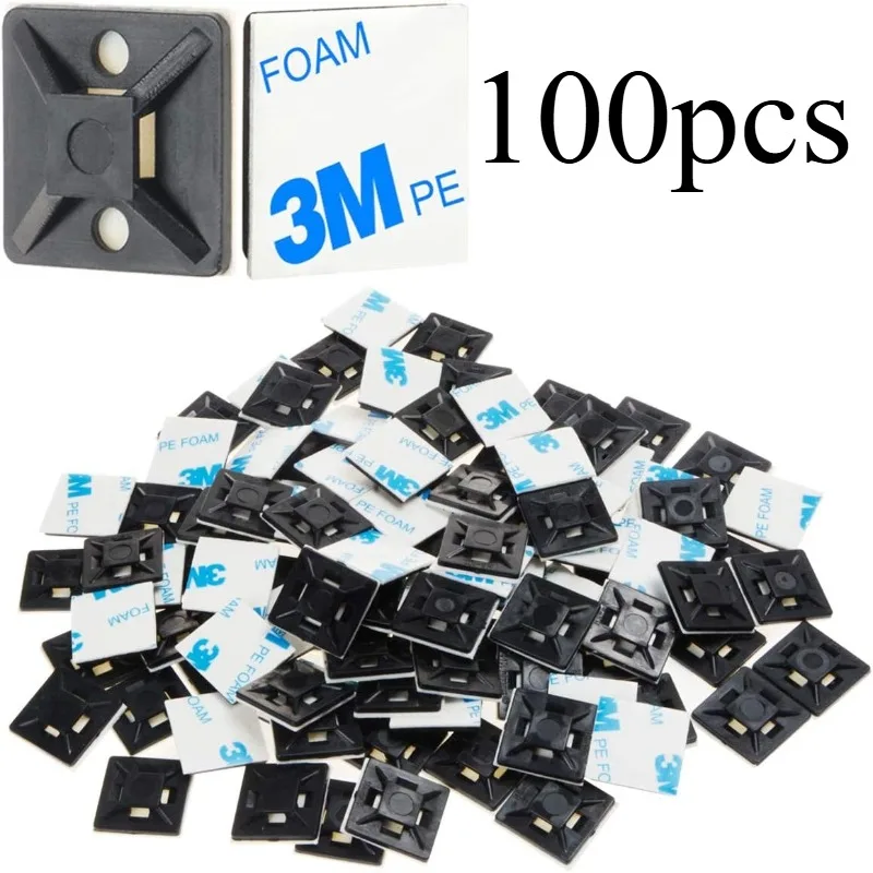 100pcs Black/White Self Adhesive Cable Zip Tie Mounts Wire Cable Clips Holders Management Anchors Organizer Holders Squares