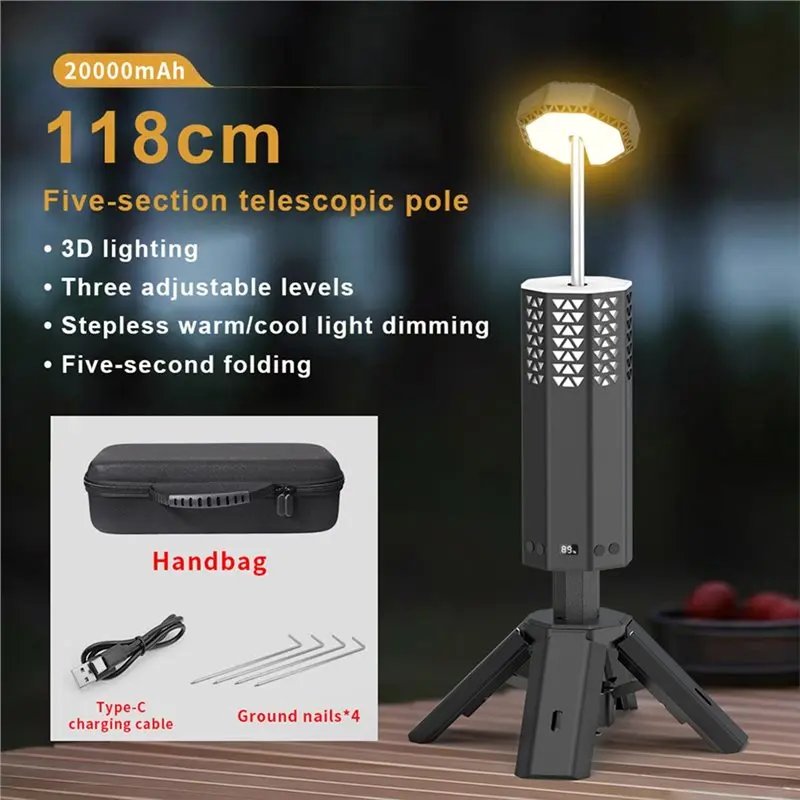 SEWS-Telescopic 20000Mah Camping Light Rechargeable Outdoor Fishing Lantern Dimming Night Atmosphere Light Emergency Light