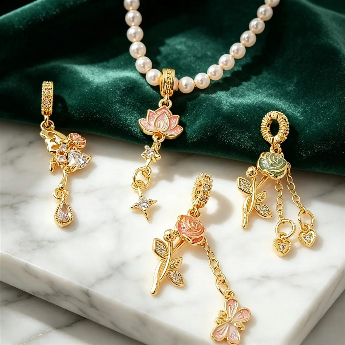Gold Plated Enamel Flower Tassel Charms Lotus Rose CZ Pendant Large Hole Bead For DIY Necklace Bracelet Jewelry Making Findings