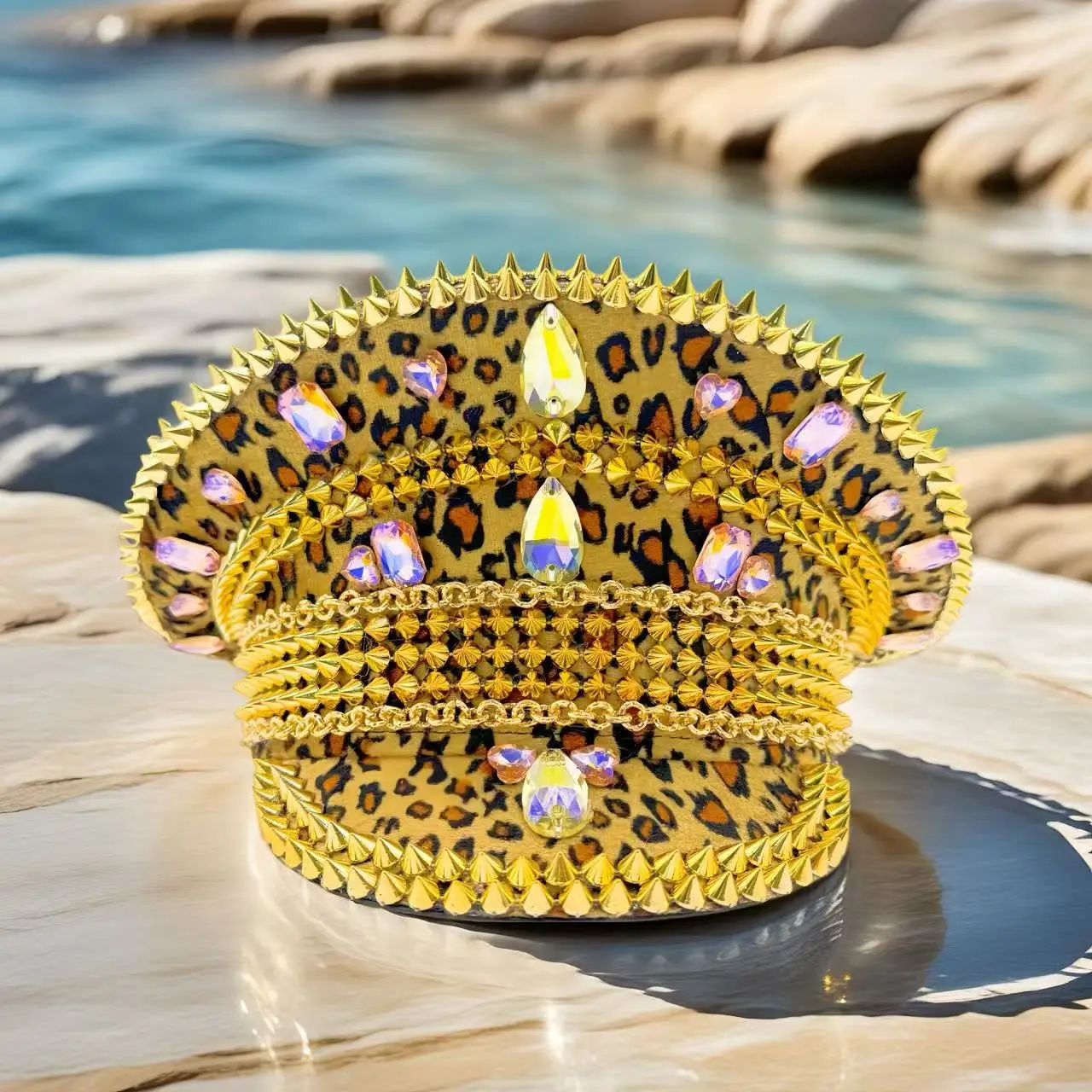 

HongLuan Yellow Laser Leather Loop Captain Hat Rhinestone & Military Caps for Woman, Rave Festivals Accessories ＆ Party Cap Man