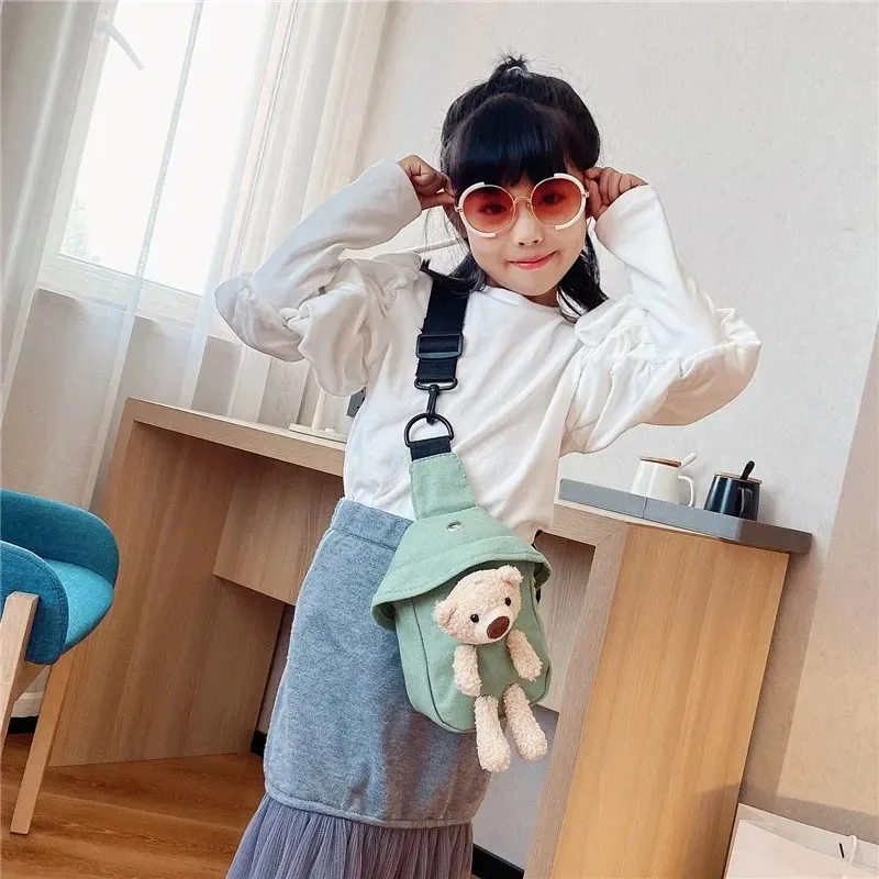 Korean Style Kids Mini Canvas Fanny Pack Lovely Bear Decor Crossbody Bag Boys Girls Daily Outdoor Small Bag