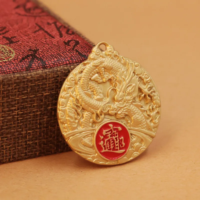 Solid Brass Pendant With Red Zodiac Dragon Design, Cinnabar Relief, And A Unique Handle