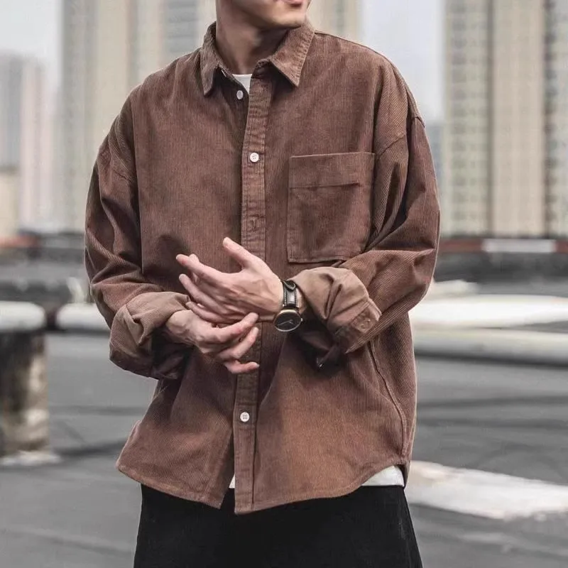 Men's Amekaji Corduroy Long sleeve Shirts Spring and Autumn Japan fashion Loose Heavy All-Match Solid Cargo Shirt