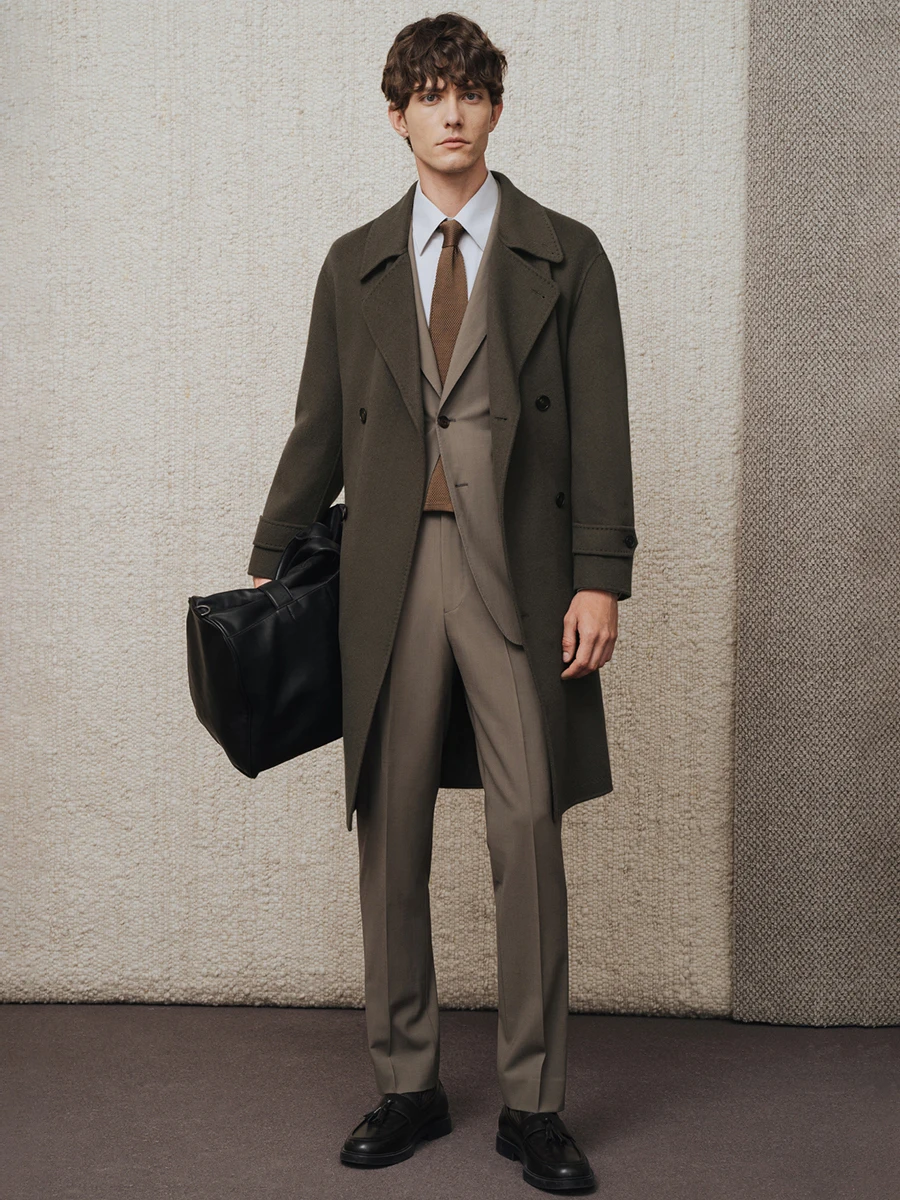 معطف كشمير 95% من الصوف 5% للرجال معطف شتوي مزدوج الصدر مع طية صدر السترة متوسطة الطول من مزيج الصوف الثقيل للأعمال