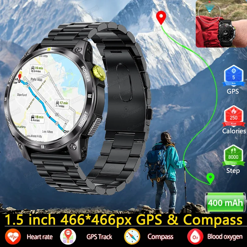 GPS militar relógio inteligente para homens, bússola de tela HD AMOLED, freqüência cardíaca, voz AI, chamada bluetooth, smartwatch ao ar livre, novo, 1.5 ", 2022