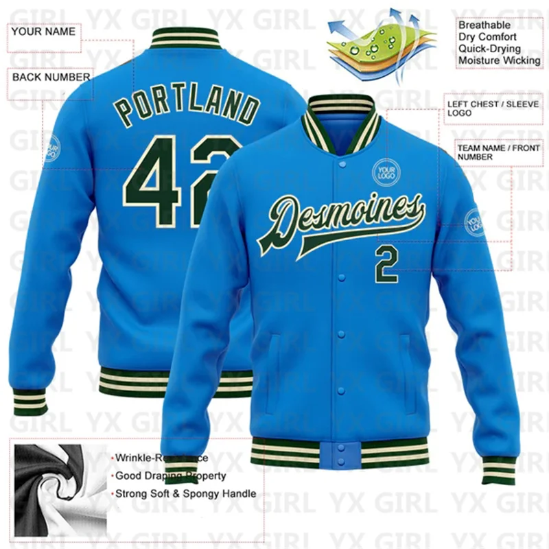 Custom Electric Blue Green-OR Bomber Full-Snap Varsity Letterman Jacket 3D Printed Baseball Button Jacket