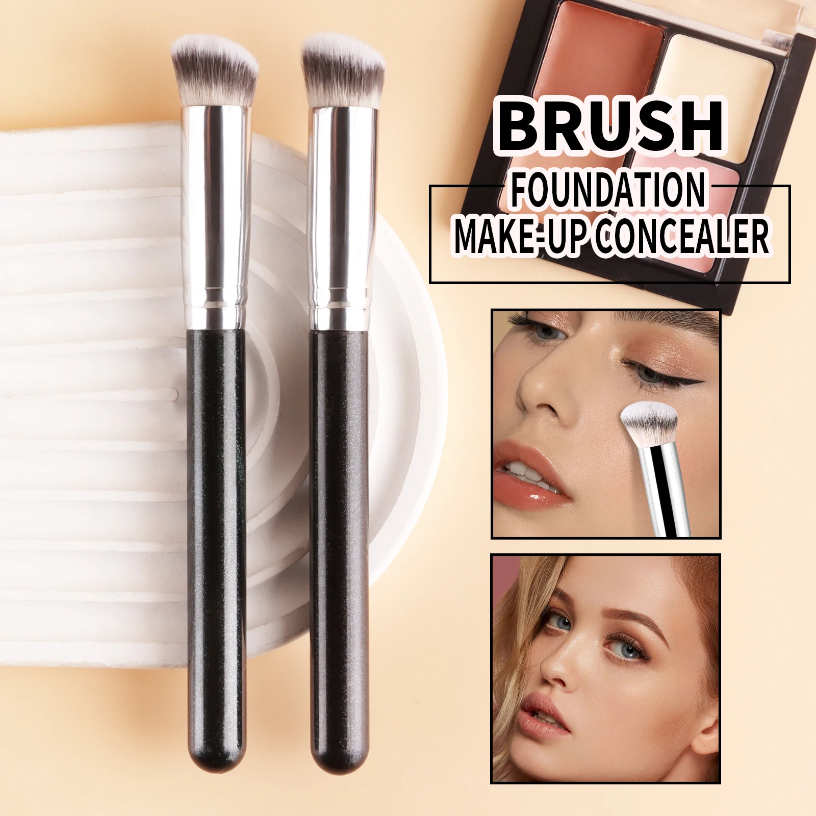 Holzgriff-Einzelkopf-Schrägpinsel für Concealer, Weiche Borsten Foundation-Pinsel für Gesichts-Make-up und Detail-Retouching