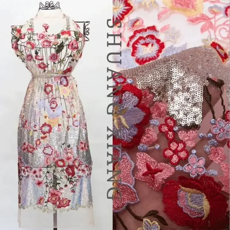 

Тяжелая кружевная ткань с цветочной вышивкой и блестками, тюлевая кружевная ткань с цветочным принтом для свадебного платья, фата для девочек, пачка