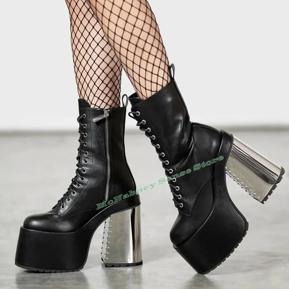 

Ботинки на толстой подошве с перекрестной завязкой, металлические ботильоны на массивном высоком каблуке, кожаная женская обувь с круглым носком и боковой молнией, новая весенняя вечеринка, черная