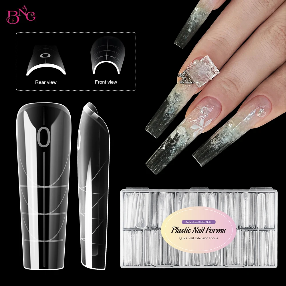 

BNG Coffin Dual Form Nail System 150 Pcs Acrylic Nail Tips Reusable Nail Forms for Builder Gel Extension Gel Nail Molds 15 Sizes