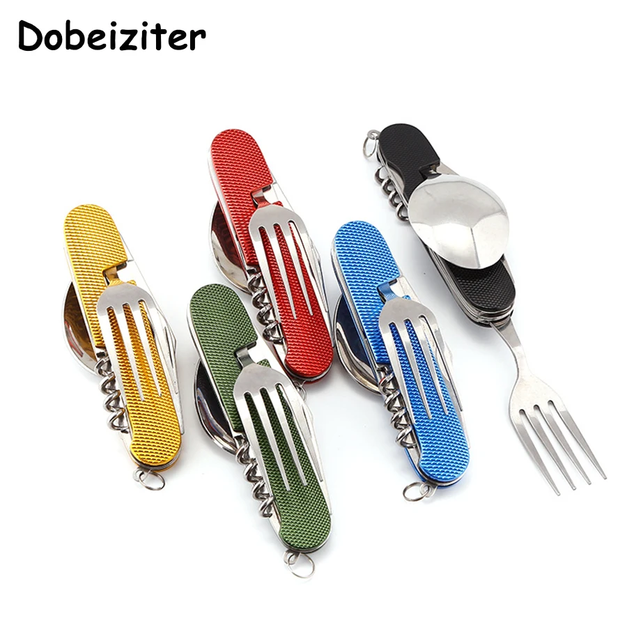 New 6 In 1 Outdoor Camping Tableware Stainless Steel Foldable Knife Fork Combination For Hiking Survival  New In Multifunctional