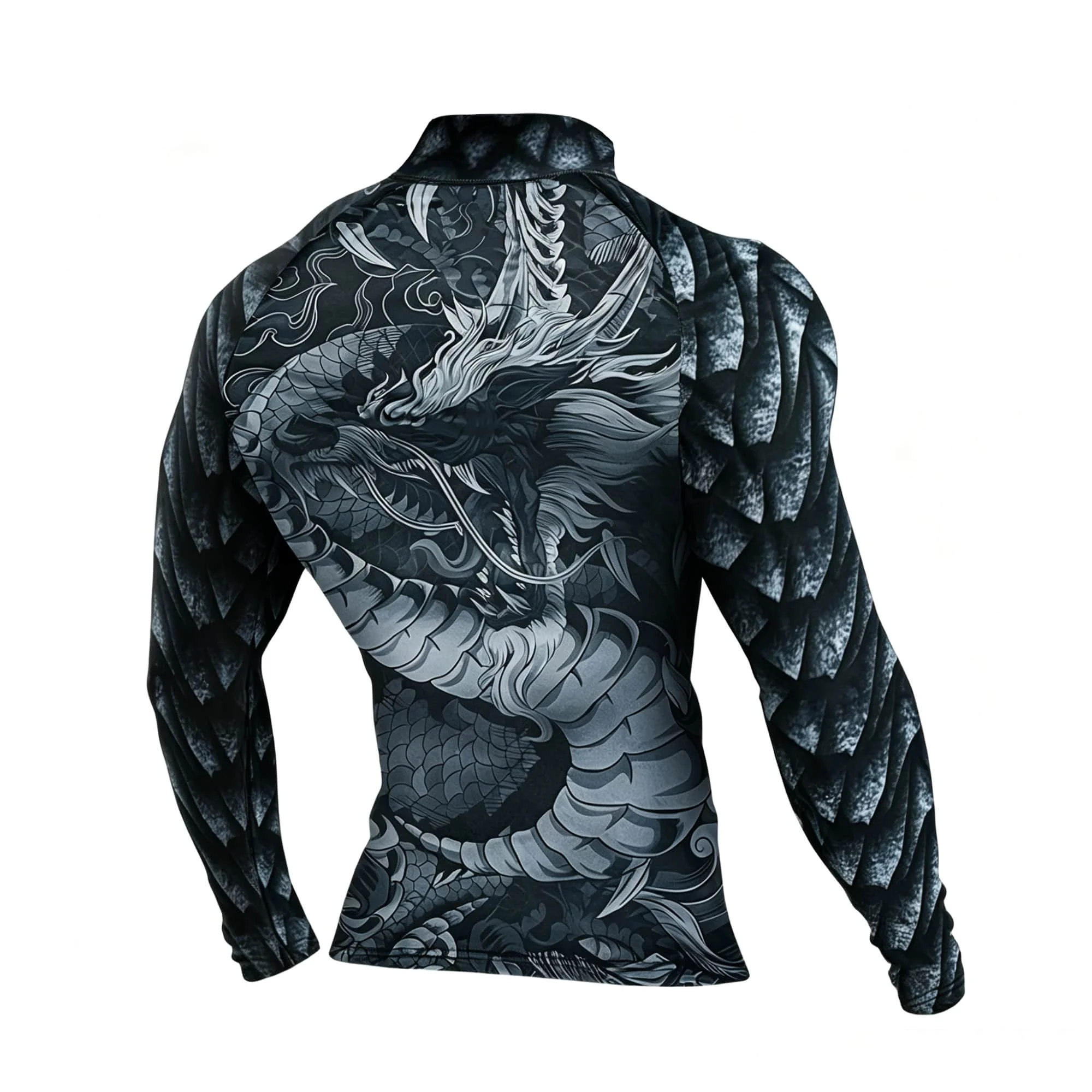 Oriental Dragon Graphic Men Mock Turtleneck Compression Shirt Gray Black All‑Over Print Elastic Fitness Sport Urban Streetwear