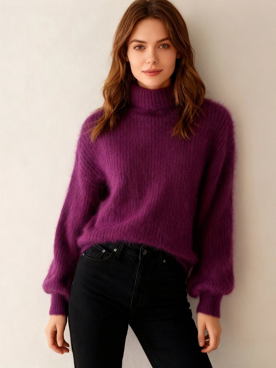 

Элегантный модный женский свитер с воротником, осенне-зимний пуловер с рукавами-фонариками, топ из искусственного меха норки, вязаные джемперы, повседневный свитер