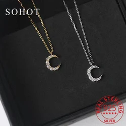Real 925 Sterling Silver Full Zircon Moon Pendant Necklaces for Women Romantic Fine Jewelry Minimalist Clavicle Accessories
