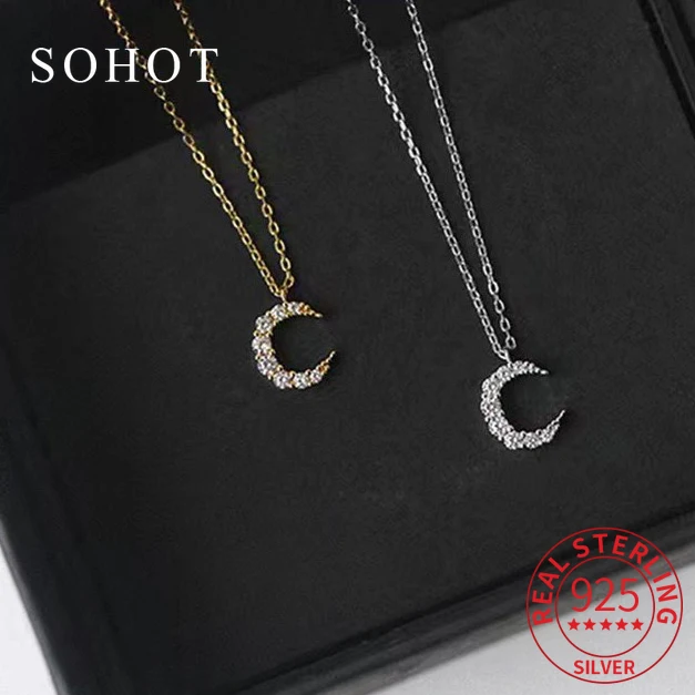 Prawdziwe 925 Sterling Silver pełna cyrkonia wisiorek z księżycem naszyjniki dla kobiet romantyczna piękna biżuteria minimalistyczne akcesoria do obojczyka