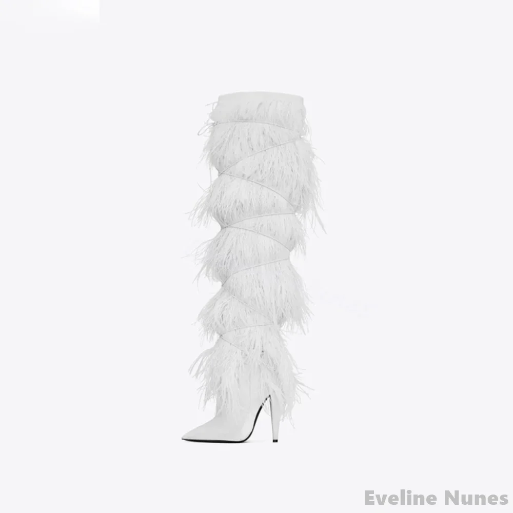 Autumn Winter Catwalk Feather Over The Knee Boots Women Sexy Pointed Toe Cross Strap Stiletto Heel Long Boots New Fashion Boots
