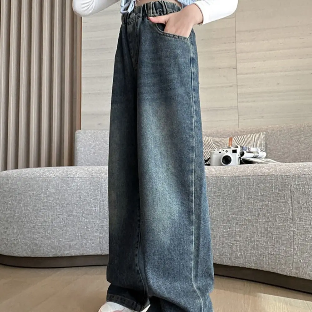Urocze jeansy dziecięce z kokardką, proste, luźne, w stylu Y2K, spodnie kowbojskie, jeansy z wysokim stanem dla dziewczynek, spodnie dżinsowe, streetwear