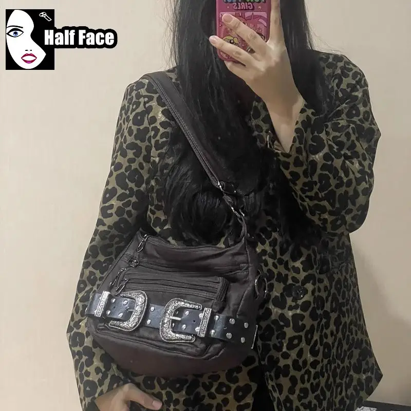 Y2K Girls Harajuku Gothic Punk jednoramienny skórzany pasek Lolita Retro kolor wycieranie motocyklowych torebek Crossbody