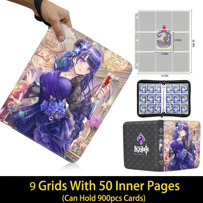 Genshin Impact Card Binder, Collector PleFolder, Zipper, Anime Trading Game Album Holder with 50 Inner Liberty, 4/9 Pocket