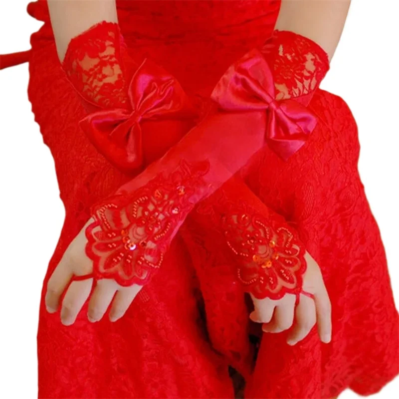 Finger Loops Stretchy Fingerless Floral Embroidery Sequins Stain Evening Bridal Party Elbow Gloves