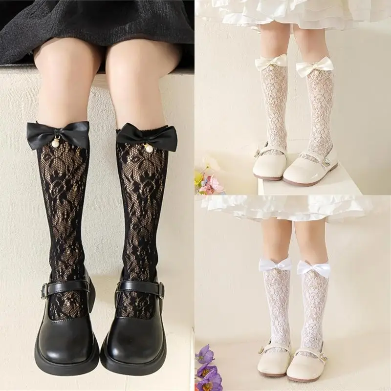 

Q6PD Lovely Bowknot Knee Length Socks for Girls, Soft and Comfortable Kids Middle Tube Socks for Daily Wear and Parties