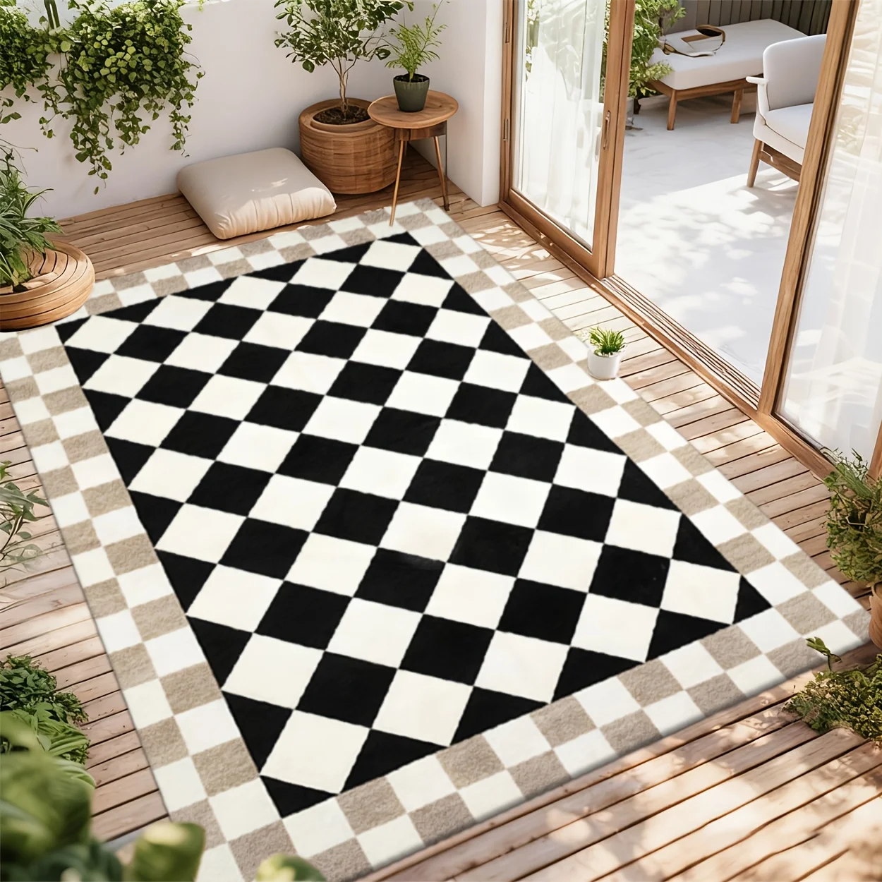 Retro Checkered Decor Floor Rug, Contrast Geometric Pattern Mat for Indoor Outdoor Home Space Decoration