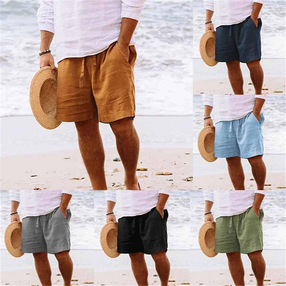 2024 Men summer cotton linen shorts draw rope elastic waist straight leg solid color breathable beach five casual medium pants
