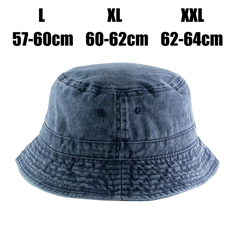 Vintage Big Head Man Denim Bucket Hat Unisex Outdoor Casual Fisherman Cap 57-64cm Oversize Wide Brim Sun Panama Hats