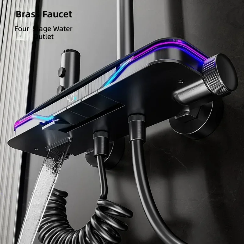 #Copper Shower Set, Thermostatic LED Display, Piano Key Pressurized Shower System, Complete Home Bathroom Fixture Kit