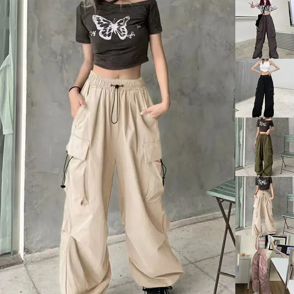 Women Vintage Pockets Cargo Pants High Waist Streetwear Baggy Wide Leg Trousers Y2k Drawstring Design Army green