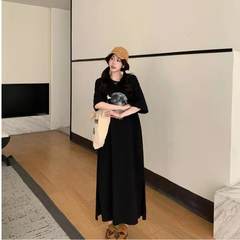 Jupe T-shirt ample mi-longue avec fentes, style coréen, décontracté, en Polyester, ort Sve, Tube droit, h-ape Dr