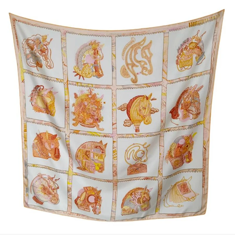 Horse Prints 90 Silk Scarf Womens Large Square Silk Neckerchief Shawl Echarpe 14mm