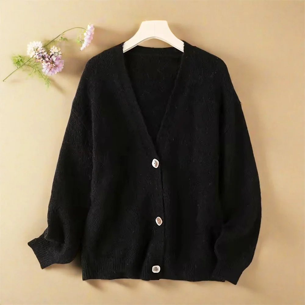 Black Cashmere Blend Wool Soft Winter Warm Knitted V-Neck Women\'s Cardigans Sweater Casual Cardigan For Women Clothing Fashion