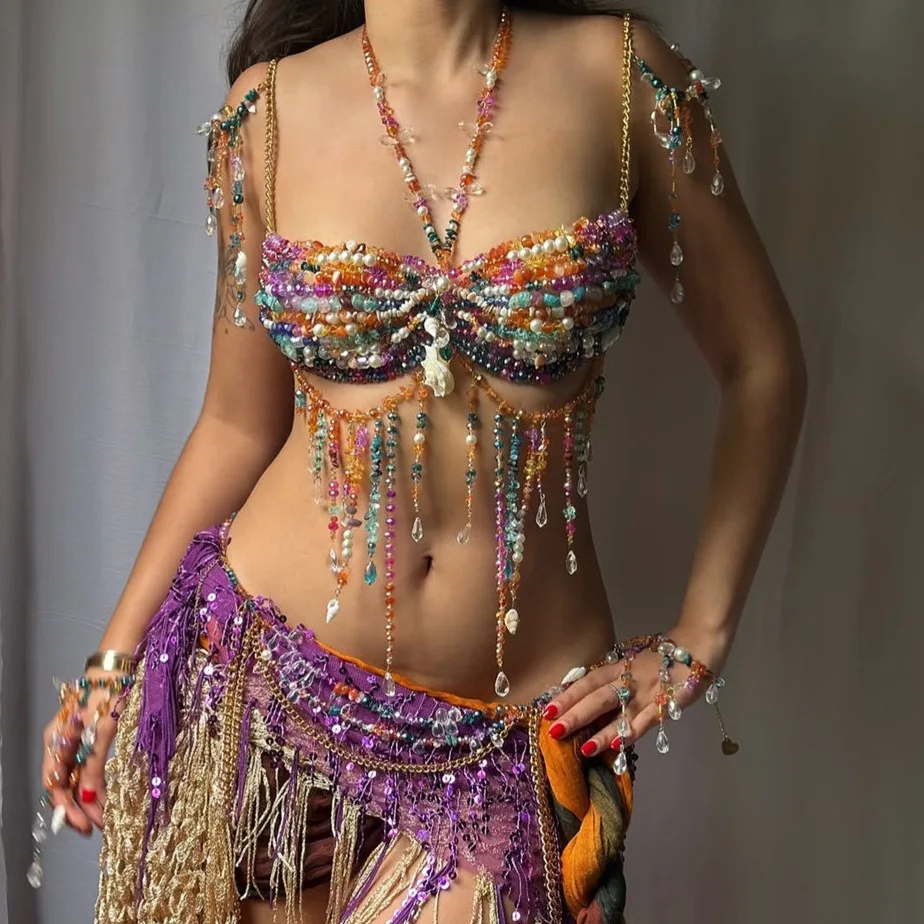 Original Design Plastic Pearls Woven Beading Bra Tops Breast Chain for Women Dance Show Performance Beaded Tassel Body Chain Top