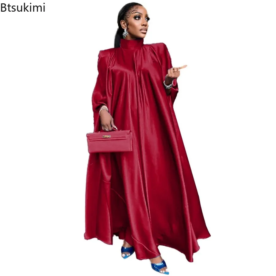 Fashion Luxury Dubai Indian Dress Muslim Abaya for Women Elegant High Neck Loose Pullover Solid Satin Party Evening Dresses Robe